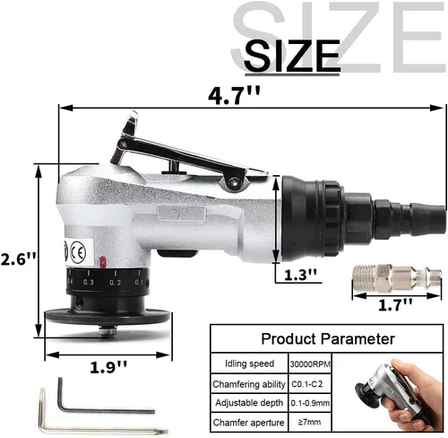 Miniatura 3 de SI FANG Mini Herramienta de Biselado Neumática con Cuchillas de Repuesto, Insertos y Rodamientos, Herramienta de Desbarbado de Chaflán de Aire de 45