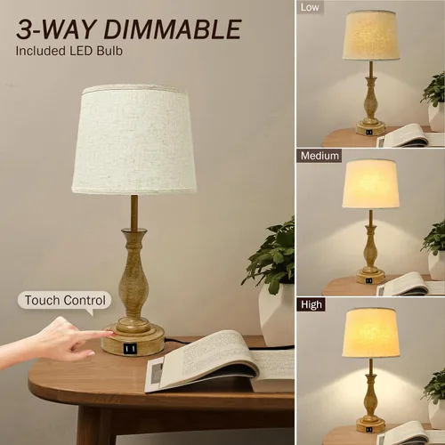Miniatura 2 de LALISU Lámpara de mesa de granja con control táctil, lámpara de mesa regulable de 3 vías, lámpara moderna de mesita de noche con 2 puertos USB