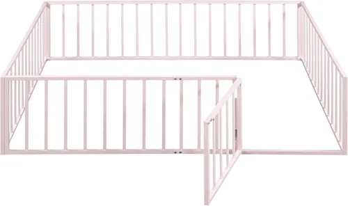 Miniatura 6 de Harper & Bright Designs Base de cama de metal Queen con rieles, cama Montessori Queen con valla y puerta, para niños y niñas (tamaño Queen, rosa)