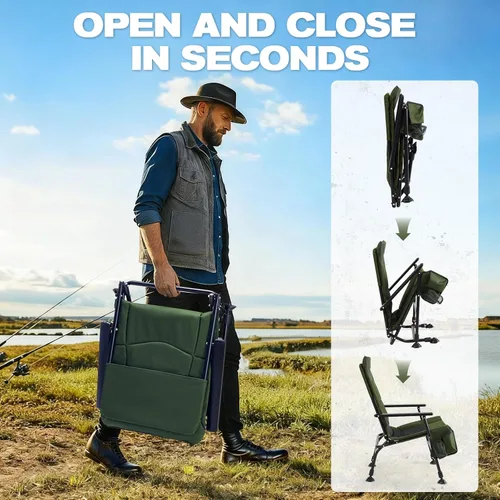 Miniatura 6 de X Strike Silla de pesca plegable de gran tamaño con soporte para caña, resistente, 350 libras, pies ajustables y acolchados, silla de camping
