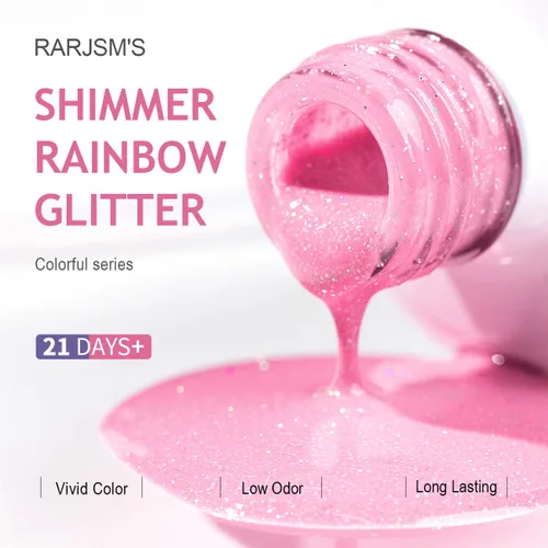 Miniatura 5 de RARJSM Esmalte de uñas de gel iridescente nude rosa brillante - Gel de uñas de purpurina brillante y brillante de color rosa neón - Pigmento Arco