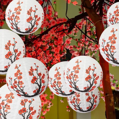 Miniatura 5 de 12 faroles chinos, faroles de papel de flor de ciruelo de 12 pulgadas, para fiestas, asia, hogar, restaurante, decoración de boda (blanco y rojo)