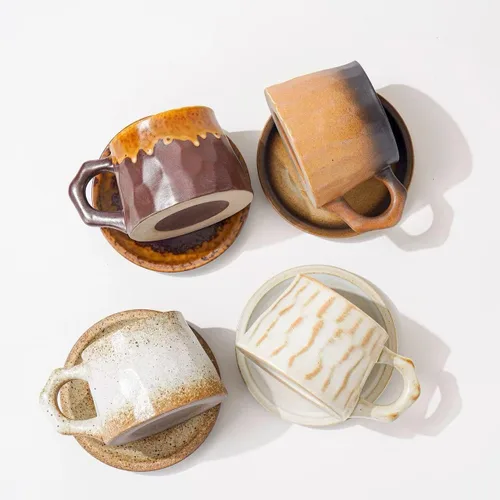 Miniatura 8 de Taza de capuchino de cerámica vintage retro hecha a mano con platillo – Taza de té y platillo de cerámica rústica pequeña, sin plomo, taza hecha a