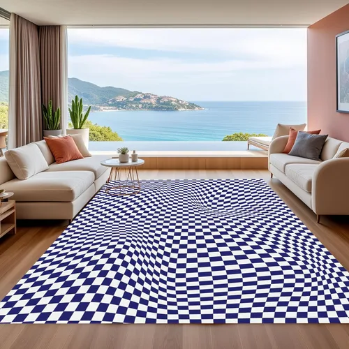 Miniatura 14 de Alfombra ondulada azul única con diseño de cuadros para sala de estar, extra grande, lavable a máquina, alfombra de pasillo de cocina, alfombra