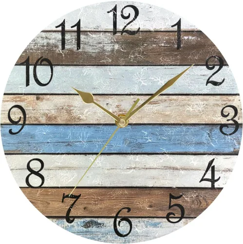 Miniatura 14 de Reloj de pared rústico retro con puerta de granero de madera, marrón, azul, funciona con pilas, silencioso, sin tictac, 10 pulgadas, reloj de mesa