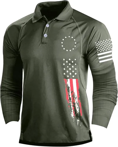 Miniatura 17 de Camisa polo de manga larga con bandera estadounidense para hombre, cuello gráfico patriótico, camiseta de golf, moderna, casual, cuello en V, tops