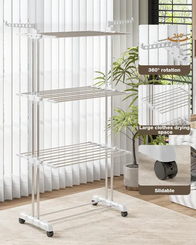 Miniatura 6 de Bigzzia Tendedero plegable de 4 niveles para ropa, ropa, caballos, estante de secado de lavandería de acero inoxidable (gris blanco, 4 niveles)