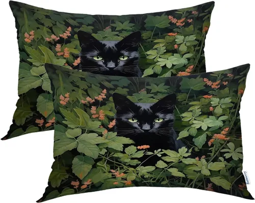 Miniatura 69 de Batmerry Black Cat Green Leaves Throw Pillow Covers, Cat Among Foliage Decorative Pillow Covers Digital Printing Blended Fabric for Couch Sofa Bed