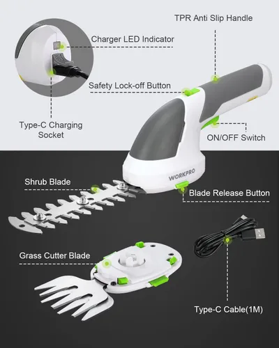 Miniatura 7 de WORKPRO - Cizalla manual 2 en 1 para césped, setos y arbustos, inalámbrica, de 7.2 V, cizalla eléctrica con batería de litio recargable, incluye
