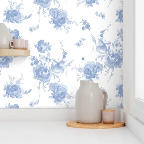 Miniatura 8 de Papel tapiz para despegar y pegar, romántico, floral, azul, blanco, shabby chic, flores descoloridas de primavera, papel tapiz extraíble