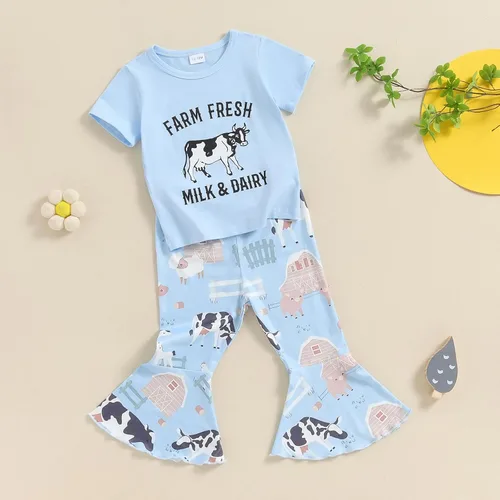 Miniatura 16 de fhutpw Conjunto de camiseta de manga corta con estampado de vaca y pantalones acampanados de dibujos animados para niñas