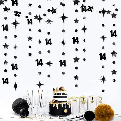 Decoración de cumpleaños número 14, color negro, con número 14, guirnalda de estrellas con puntos circulares, metálica, para colgar banderines,
