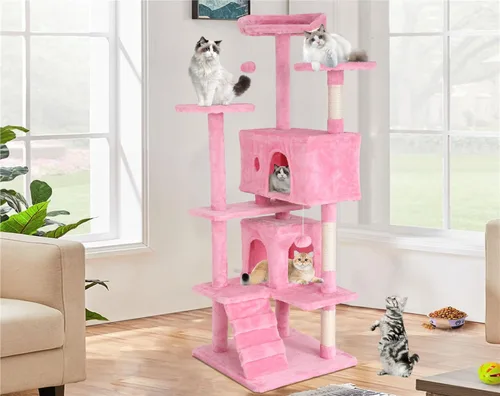 Miniatura 8 de Go Pet Club - Mueble de torre para gatos de varios niveles de 54 pulgadas de alto con poste rascador, juguetes y casa para gatos
