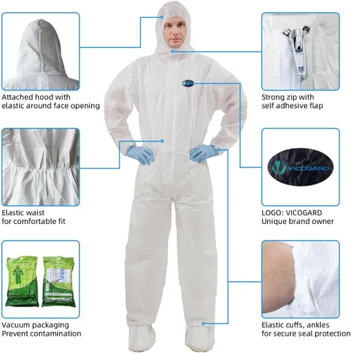 Miniatura 2 de Overol de protección desechable, monos desechables con pretina elástica con cierre delantero y puños tobilleros, traje de aislamiento SMS con Blanco