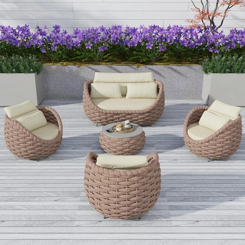 Miniatura 23 de TWT 3-Piece Woven Rope Patio Furniture Set, 2 Outdoor Armchairs with Soft Cushions + Round Aluminum Coffee Table, All-Weather Conversation Set for