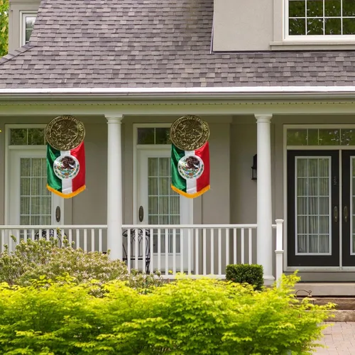 Miniatura 6 de Bandera de Mexcio colgante extragrande con flecos y placa de Estados Unidos Mexicanos en tono dorado, suministros y decoraciones para fiesta