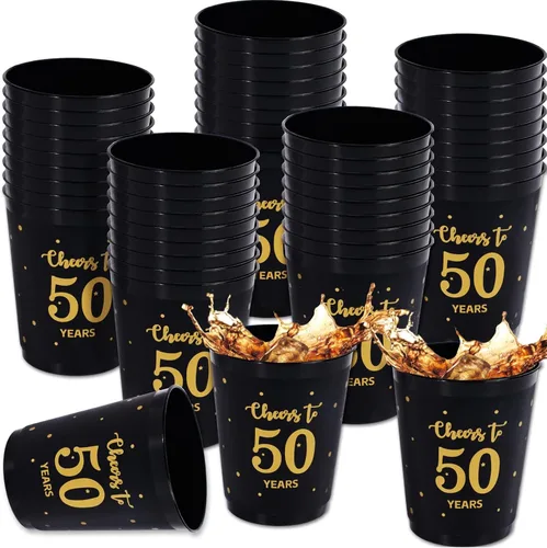 24 vasos de plástico reutilizables para cumpleaños de 50 años, regalos para fiestas de cumpleaños de 50 años, regalos de fiesta negros y dorados, 12