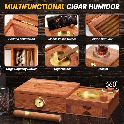 Miniatura 3 de Juego de humidor y cenicero con forro de madera de cedro, con cortador de puros, higrómetro, humidificador, potenciador de dibujo, bandeja de whisky