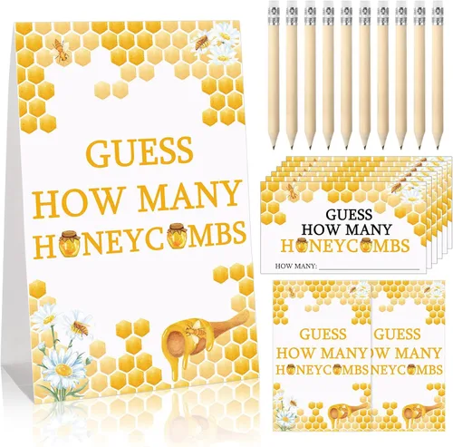 Fumete 63 juegos de Bee Baby Shower incluyen letrero de Guess How Many Honeycomb y 50 tarjetas de adivinanzas con 10 lápices y 2 calcomanías de