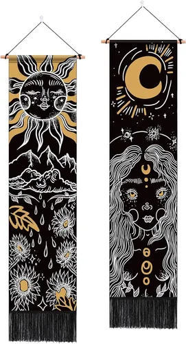 ARTCREATOR Paquete de 2 tapices de sol y luna para colgar en la pared, tapiz estético vertical, arte misterioso, tapices largos para habitación