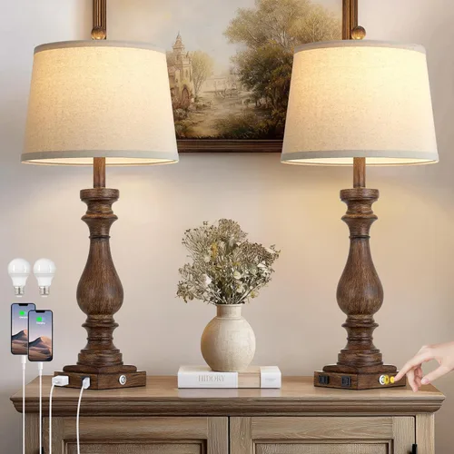 Miniatura 8 de Rinweey - Lámpara de mesa de granja de 29" para sala de estar, lámpara de mesita de noche vintage con puertos USB C+A y salida de AC, lámpara