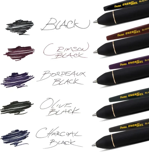 Miniatura 3 de Pentel EnerGel Kuro - Bolígrafo retráctil de gel líquido, Sombras de negro, punta de 0.7mm, tinta negra surtida, paquete de 5 bolígrafos (BL437PF5MA)