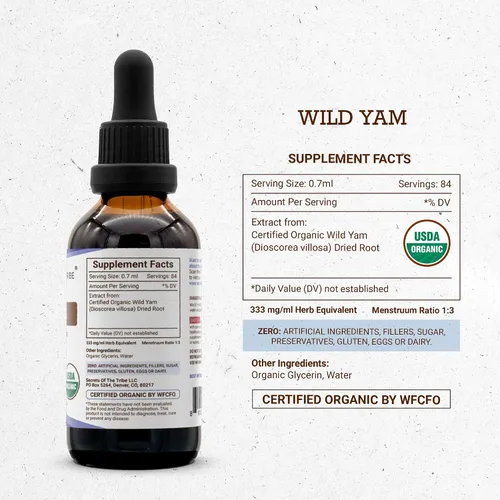Miniatura 4 de Secrets of the Tribe Wild Yam Tintura orgánica sin alcohol USDA (glicerita) 695 mg de ñame silvestre cultivado responsablemente (Dioscorea Villosa)