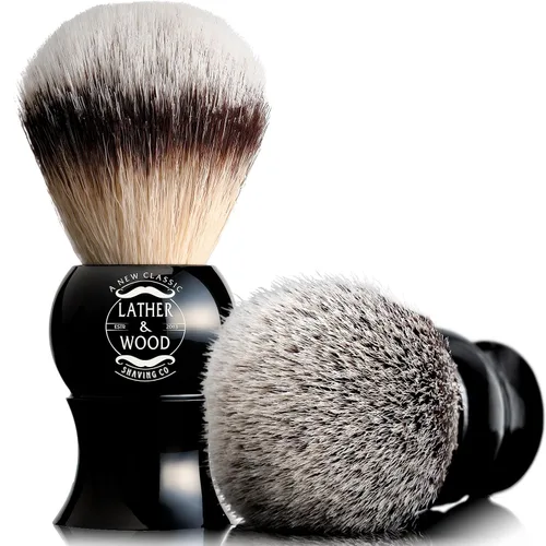 Lather & Wood - Cepillo de afeitar para hombre, 100% sintético de alta calidad, con estuche de viaje, mango acrílico de obsidiana negra