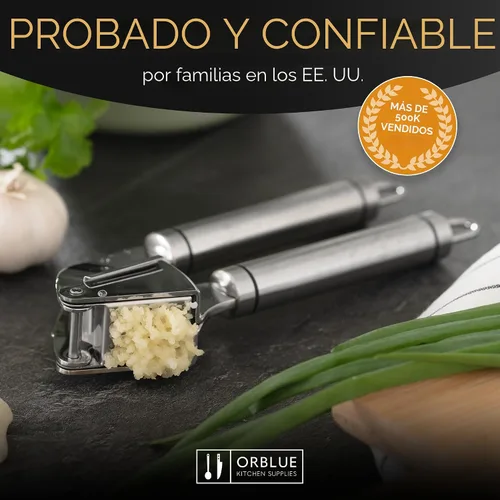 Miniatura 8 de Orblue - Prensa de ajo de acero inoxidable - Juego de picadora, trituradora y pelador de ajo de grado profesional premium - Fácil de limpiar, apto