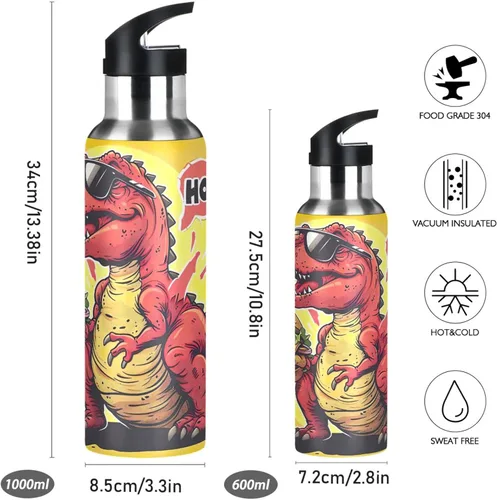 Miniatura 2 de Insulated Stainless Steel Water Bottle with Straw 32 Oz, Leakproof Water Bottles for Gym Outdoor Travel School, Red Dinosaur Hamburger Yellow