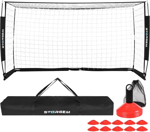 Storgem Portería de Fútbol, Red de Fútbol, Porterías de Fútbol para Patio Trasero, con Marco de Lazo, Base Metálica Plegable y 15 Conos de