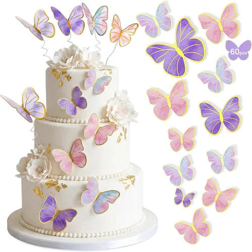 Outus 120 piezas de mariposas 3D para decoración de pasteles, decoración de pasteles, morado, rosa, dorado, para mujeres, cumpleaños, boda, fiesta,
