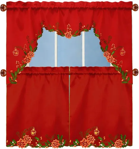 Miniatura 8 de Juego de cortinas para ventana de cocina con bolsillo de varilla bordadas para las vacaciones de Navidad (Poinsettia B)