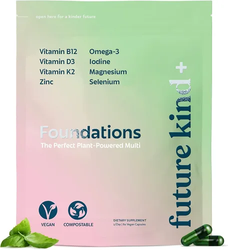 Future Kind Multivitamínico sin carragenina para mujeres y hombres con omega-3, B12, D3, zinc, yodo, magnesio, K2 y selenio, vegano, bolsa