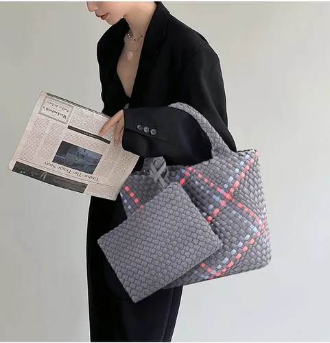 Miniatura 7 de Bolso de mano tejido + bolso de neopreno para mujer, bolso grande de viaje con asa superior, bolsa de viaje para axilas