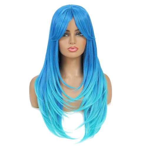 Miniatura 13 de SWACC Peluca de pelo sintético con flequillo largo en capas para mujeres con gorra de peluca (negro)