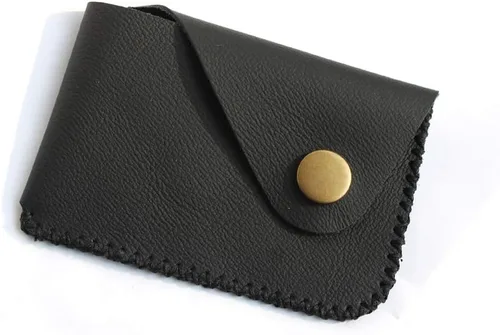 Miniatura 9 de Cartera organizadora de tarjetas de bolsillo frontal cosida a mano minimalista de cuero genuino para tarjetas, billetera con tarjetero pequeño, Negro