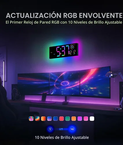 Miniatura 3 de EASYERA Reloj de pared digital grande de 16.5 pulgadas con sincronización BT, reloj de grano de madera con 11 escenas de luz RGB, control remoto