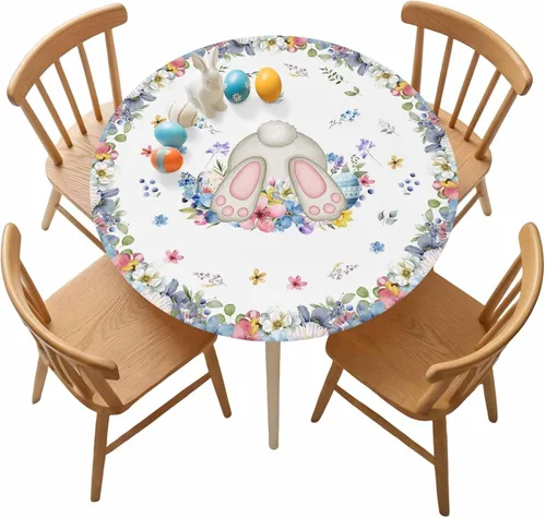 Miniatura 18 de Mantel redondo ajustado con diseño floral de mandala aguamarina, estilo étnico bohemio con borde elástico, impermeable, mantel circular de flores
