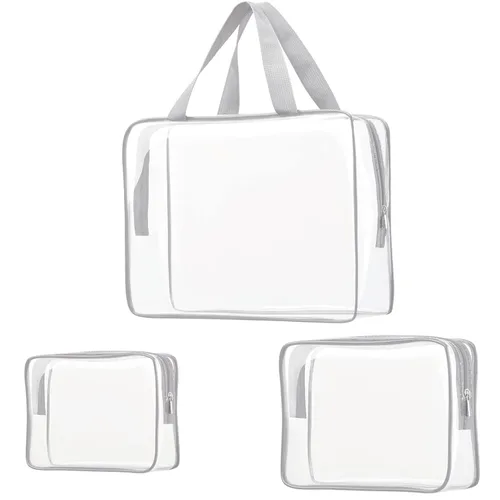 Miniatura 19 de Kit de 3 piezas de bolsas de artículos de aseo de viaje de PVC cristalino para mujeres y hombres, organizador de embalaje de vinilo impermeable