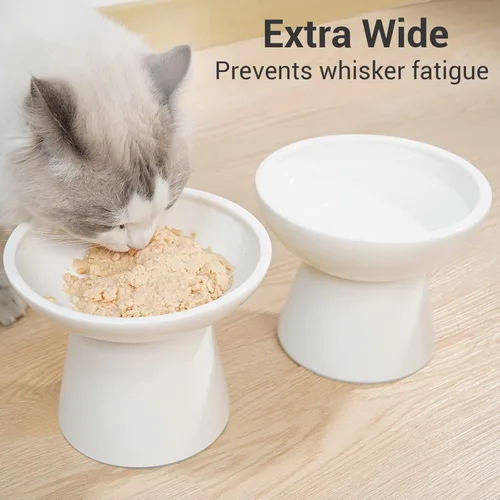 Miniatura 7 de CEEFU Cuenco de agua elevado extra ancho de cerámica para gatos, plato de 6.2 pulgadas más profundo para aliviar la fatiga de los bigotes, 5 Blanco