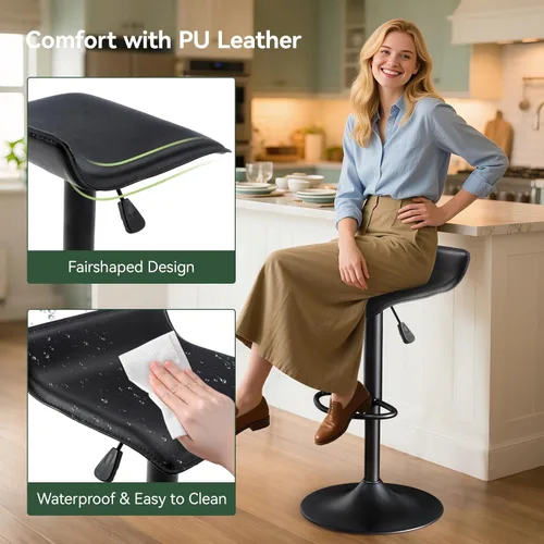 Miniatura 6 de Vogue Furniture Direct - Juego de 2 taburetes de bar ajustables, taburetes de bar giratorios de cuero sintético con elevación, silla de bar sin