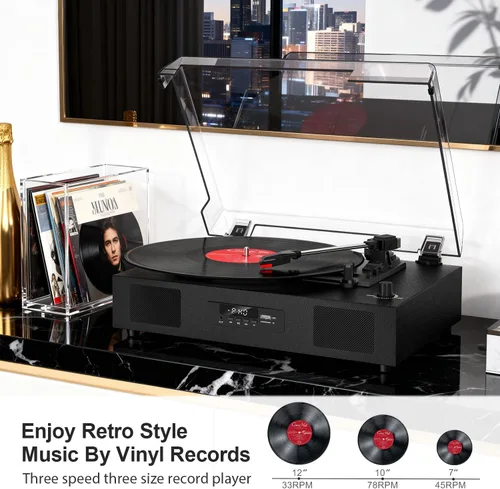 Miniatura 7 de Tocadiscos de vinilo Bluetooth con dos altavoces incorporados, grabación USB, transmisión por correa, 3 velocidades, tocadiscos para discos de Negro
