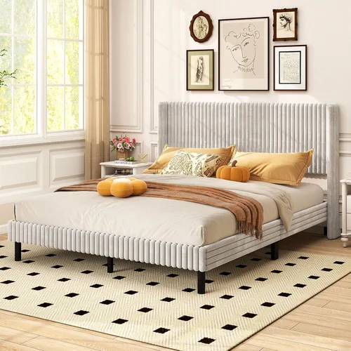 Miniatura 8 de Giantex Base de cama de terciopelo tamaño Queen, plataforma tapizada con cabecera vertical copetuda, base de colchón de soporte de listones