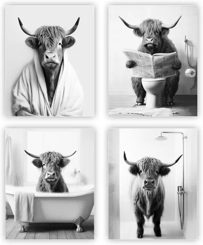heilkee Decoración de baño de vaca de las tierras altas en blanco y negro, divertido arte de pared de animales para baño, decoración moderna de