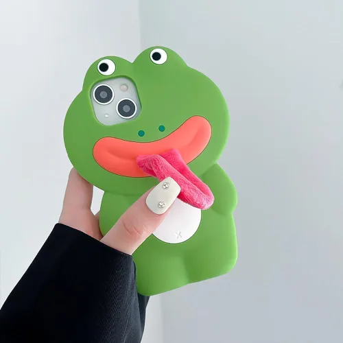 Miniatura 2 de Fundas de Teléfono Kawaii Compatibles con iPhone 13 Pro, Lindo Dibujo Animado Rana Verde con Lengua de Felpa Mujeres Niñas Cubierta de Silicona Rana