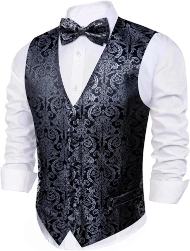 Miniatura 78 de Barry.Wang Conjunto de chaleco de pajarita para hombre, chaleco con cuello en V de seda jacquard de cachemira, gemelos de pañuelo formal/ocio, boda