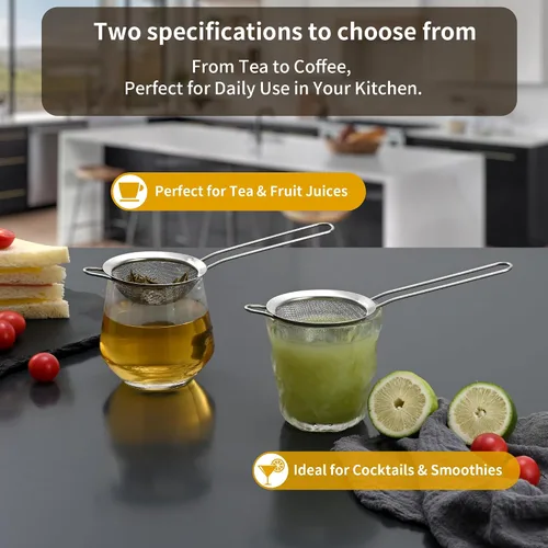 Miniatura 5 de Luckyiren Paquete de 2 coladores de malla fina de acero inoxidable, tamiz de té y café de 3.35 pulgadas con mango para alimentos, líquidos