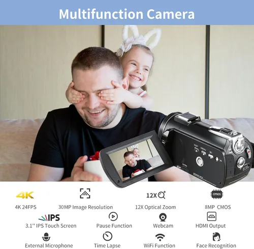 Miniatura 2 de ORDRO Videocámara 4K AC5 Plus Videocámara de transmisión en vivo, cámara óptica de vlog 12X para YouTube, pantalla giratoria de 3.1 pulgadas, cámara