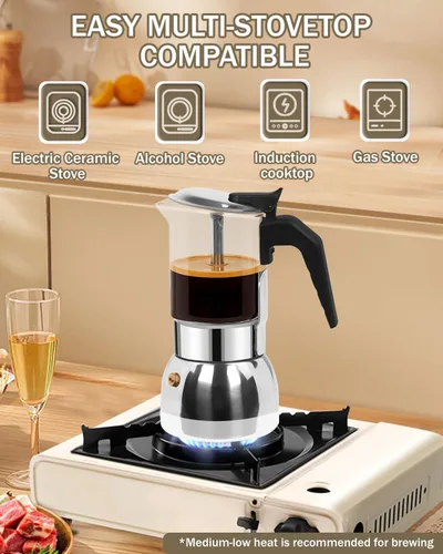 Miniatura 5 de Cafetera para estufa, cafetera de café expreso, fácil de preparar 4 tazas, 6.7 onzas, 6.8 fl oz, vidrio de borosilicato alto, acero inoxidable